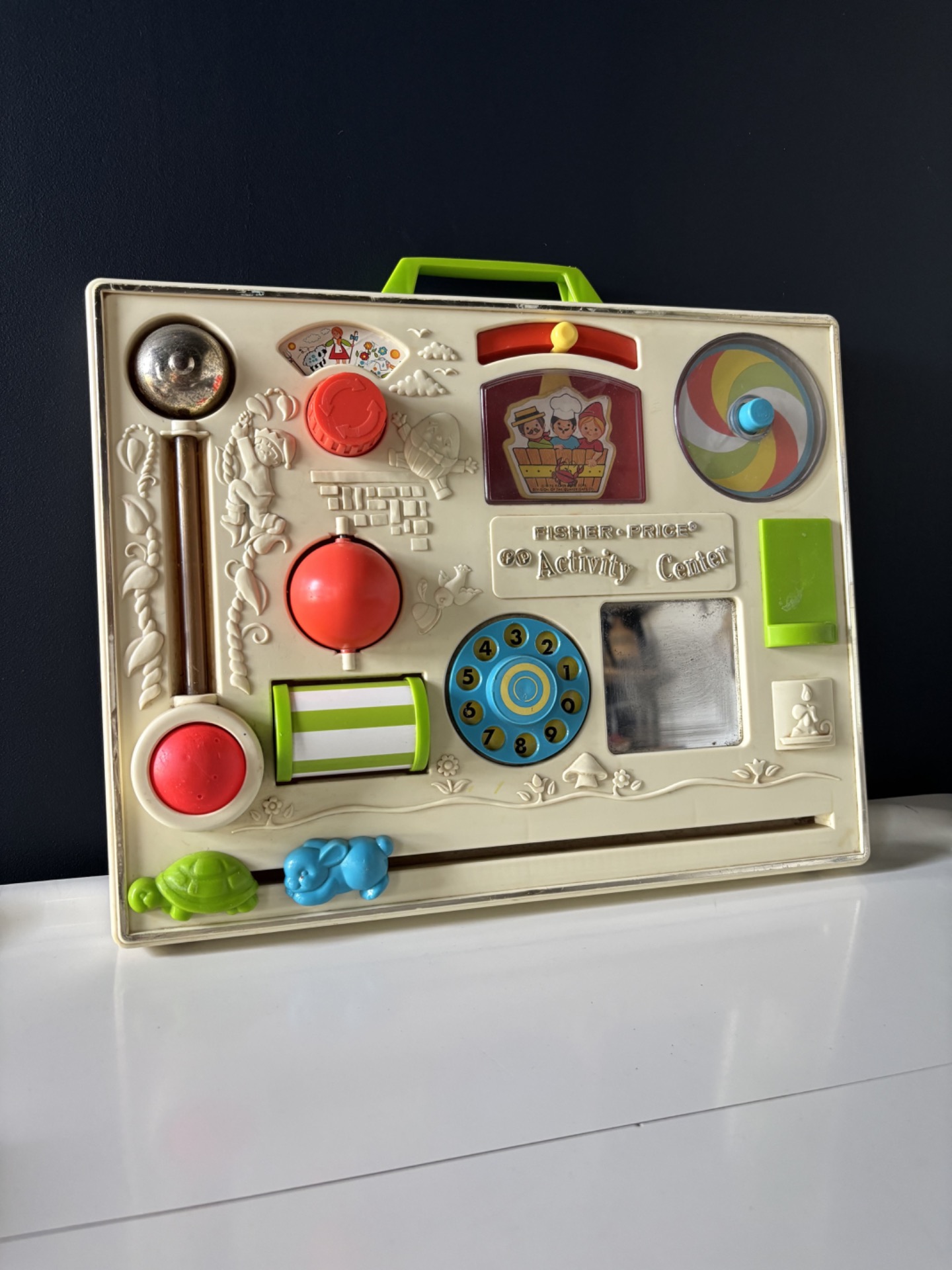 Fisher-Price Activity Center vintage années 70 marquage Quaker Oats plastique crème poignée verte