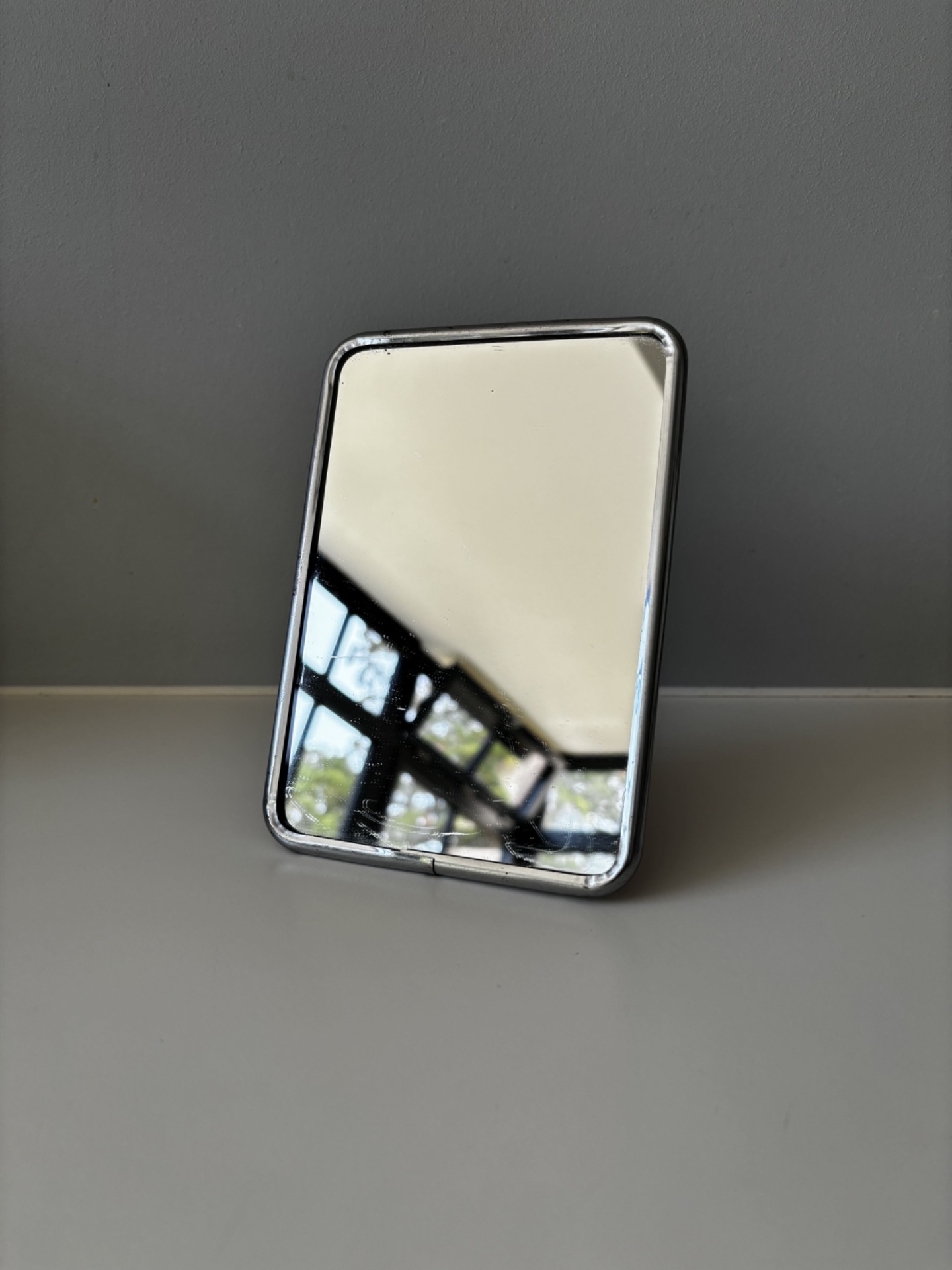 Miroir de barbier ancien cadre métal chromé pied articulé repliable 17x12 cm