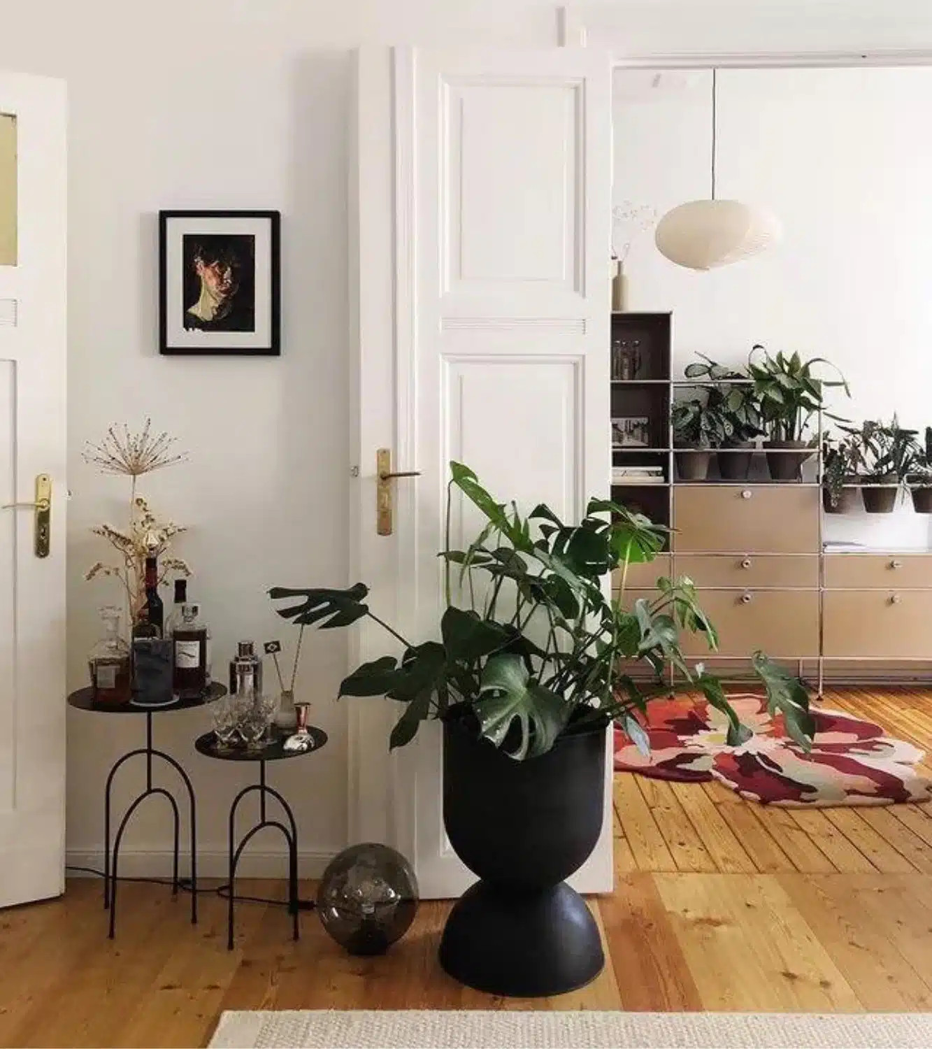 Entrée d'appartement avec porte ouverte sur un salon lumineux, plantes vertes et mobilier vintage, décoration La Cocotte en Papier